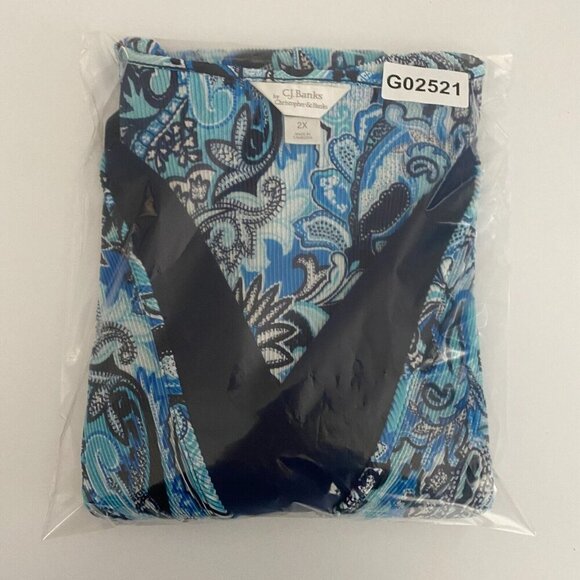 CJ Banks Blue Floral Pleated Blouse Size 2X V Neck 3/4 Sleeves Layered Look - Picture 10 of 10